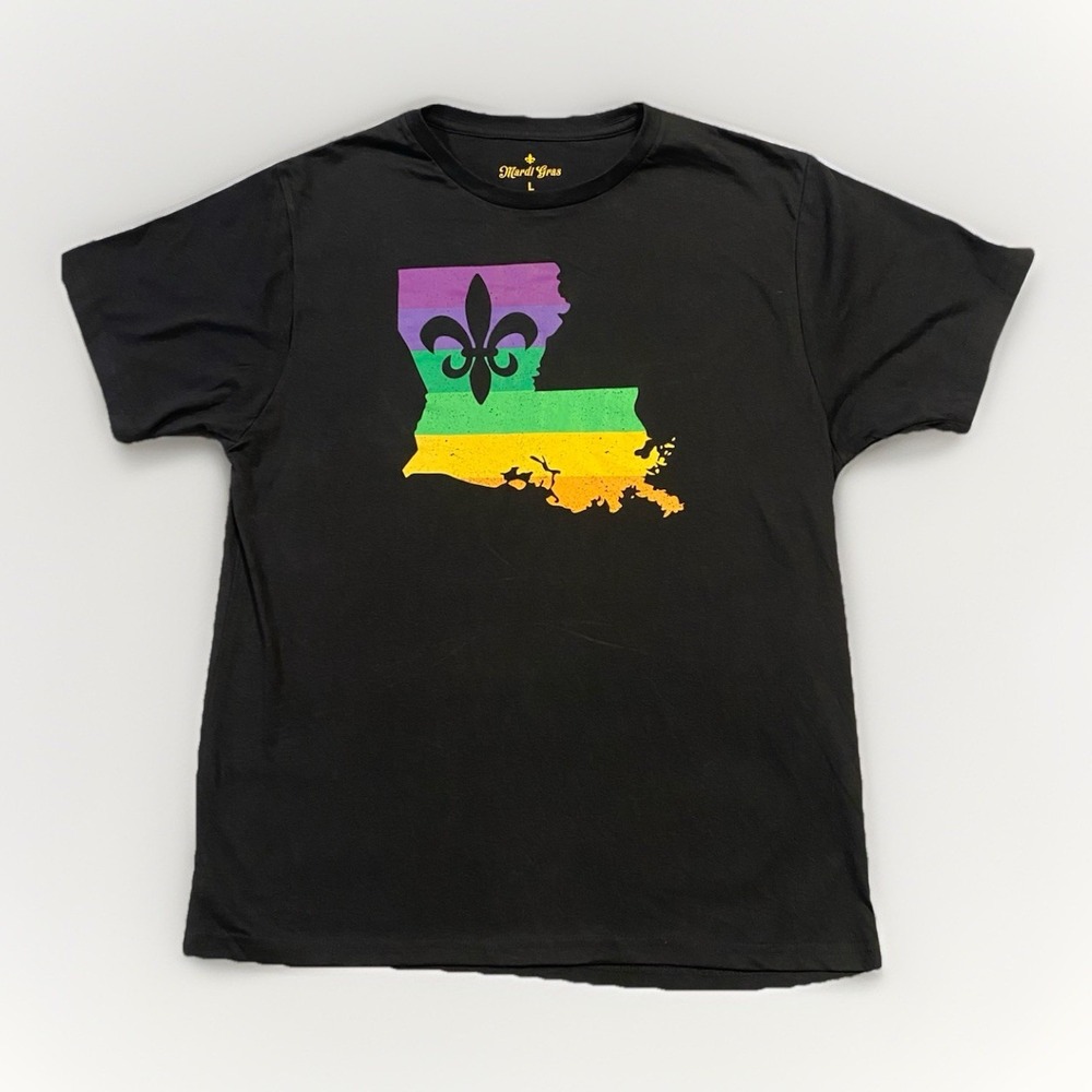 Mardi Gras Shirt Mens L New Orleans Louisiana State Map Graphic Tee - Black